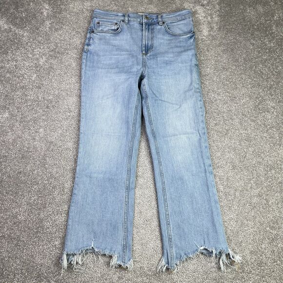 Zara Denim - ZARA The DREED Flare Jeans Women’s 6 Blue Raw Hem Cropped Light Wash Stretch
